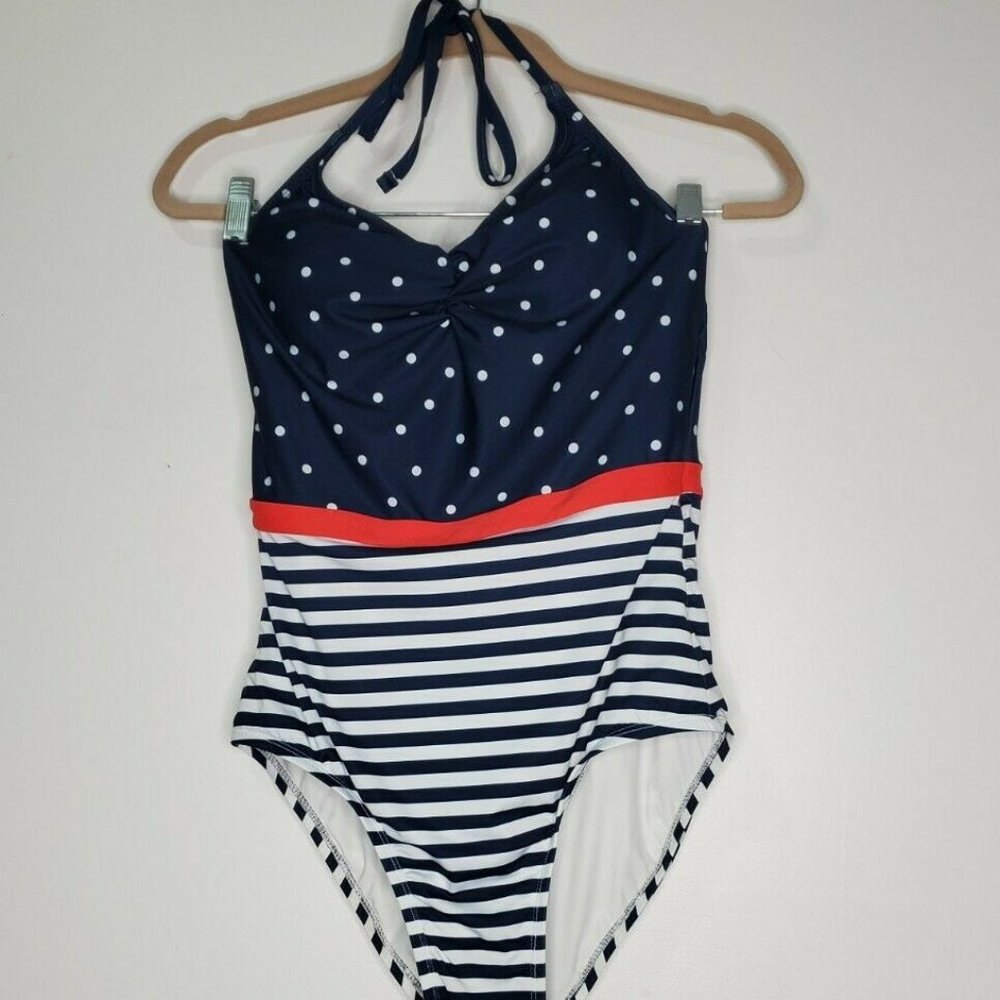 Modcloth Navy and White Polka Dot One Piece Swimsuit